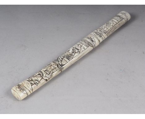 A Japanese tanto with figure carved bone scabbard and grip, blade 6 1/2" long 