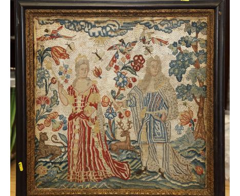 An early 18th century needlepoint on silk floss ground, portrait of Queen Anne and Prince George of Denmark, 18 1/2" x 19", i