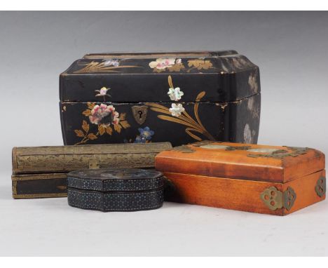 A lacquered tea caddy, fitted two Imari canisters, 9" wide (damages), a mother-of-pearl inlaid box, 4 1/4" wide, and two othe