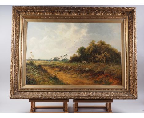 H K Foster: oil on canvas landscape with figures picnicking, 19 1/2" x 29 1/2", in deep gilt swept frame 