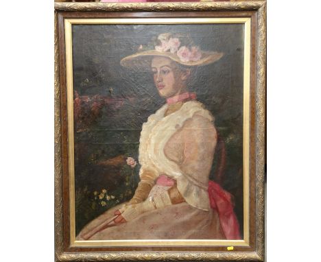 An English late 19th century oil on canvas portrait of a woman with a straw hat, 35" x 27", in gilt decorated frame 
