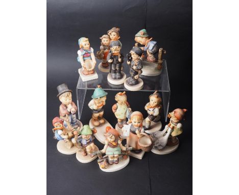 Fourteen Goebel Hummel figures, and a quantity of  drinking glasses 