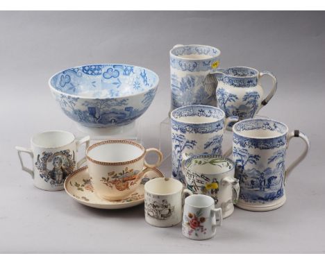 Three 19th century blue and white quart tankards, a 19th century Spode "Italian" pattern bowl, 9 3/4" dia, and other ceramics