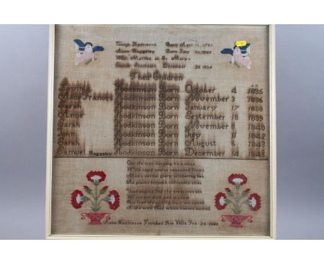 A Victorian birthday and verse sampler, by Anne Hodkinson 1848, 19 1/2" x 20", in cream strip frame (colour's run) 