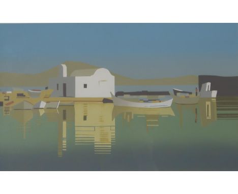 CONTEMPORARY SCHOOL NADUSSA HARBOUR, PAROS Print multiple, signed lower right, numbered 15/15, 24 x 40cm Together with anothe