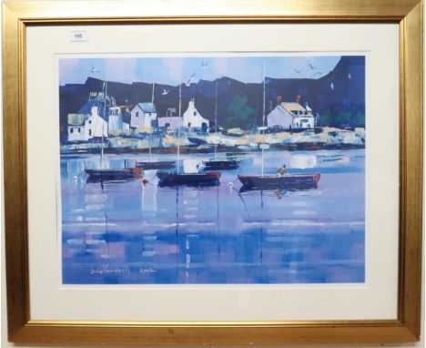 A framed Daniel Campbell print of boat in a harbour Condition Report:Available upon request
