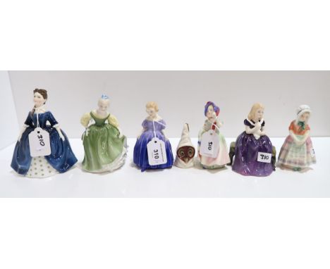 Six Royal Doulton figures of children and a Royal Worcester candlesnuffer in the form of an owl with a pointed hat Condition 