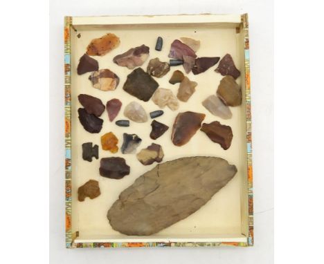 A collection of Native North American flint arrowheads and a spearhead&nbsp; Condition Report:Available upon request