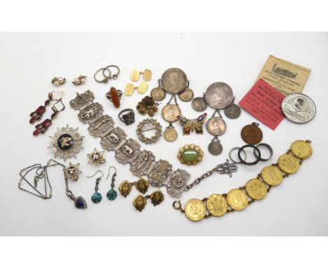 Two Victorian coin brooches, A ticket and medal commemorating a Naval &amp; Military Exhibition at The Crystal Palace 1901, a