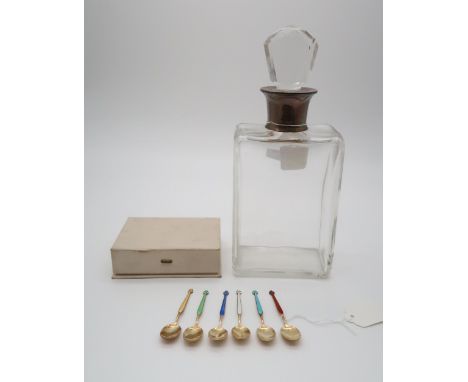 A silver collared rectangular class decanter, by Hukin &amp; Heath, Birmingham 1938, and a cased set of Norwegian silver gilt