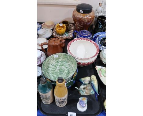 A collection of Scottish pottery including Ginger Beer bottles from Alloa and Dunfermline, spongeware chamber pot, stoneware 