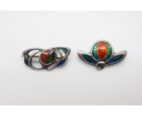 Two enamelled Art Nouveau brooches By William Hair Haseler stamped with his mark WHH, both dated Birmingham 1904. Condition R