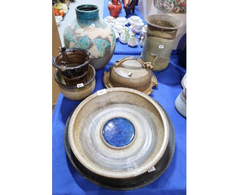 A collection of Alex Leckie studio ceramics including a dish with central blue enamel centre, signed to underside with other 