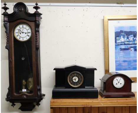 A 20th century mahogany cased Vienna style wall clock, A faux black slate mantle clock and another mahogany cased mantle cloc