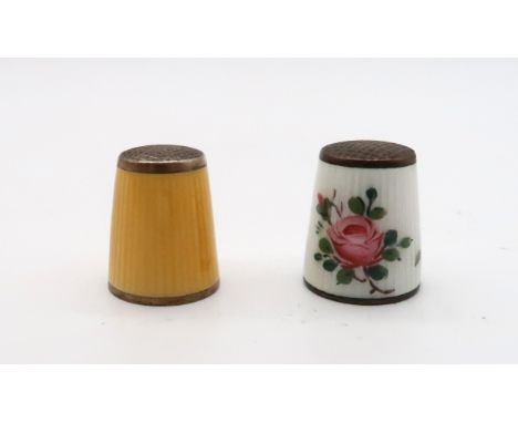 David Andersen; Two Norwegian silver guilloche enamel thimbles, both waffle top, one yellow example and another floral exampl