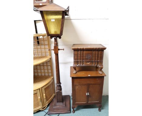 A 20th century mahogany standard lamp modelled as a street lantern with mottled glass shade, 164cm high, mahogany two door ca