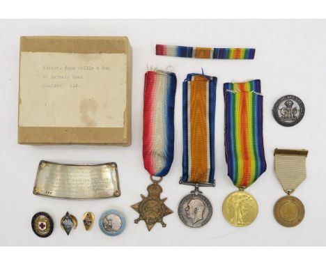 A WW1 British War Medal, Victory Medal and 1914-15 Star group awarded to M2-048970 A. Sjt. J. Wyllie, Army Service Corps., wi