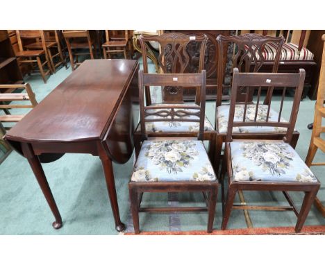 A pair of 19th century mahogany Chippendale style dining chairs, two other dining chairs and a mahogany drop leaf dining tabl