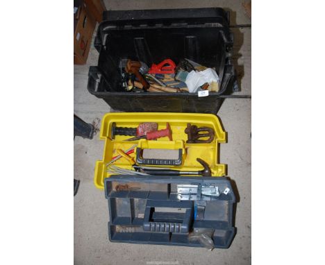 A tool chest plus contents, including: Ratchet strap, hammers, and carpenters tools, etc.