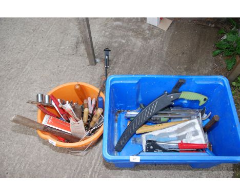 Buckets, Tubs, pruning equipment, various tools and sockets.