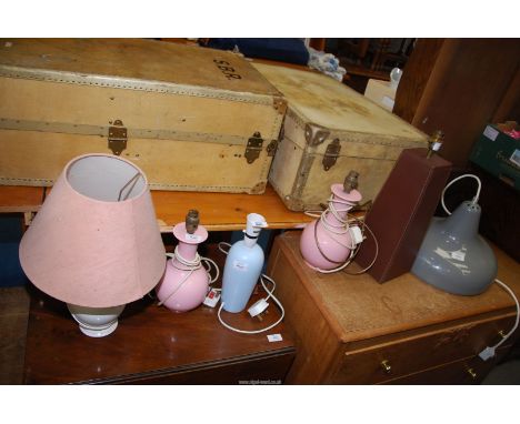 A quantity of table lamps and an enamel ceiling light.