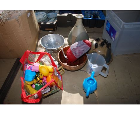 A pottery cheese dish, lamp base, kitchen utensils, and toy tea-set etc.