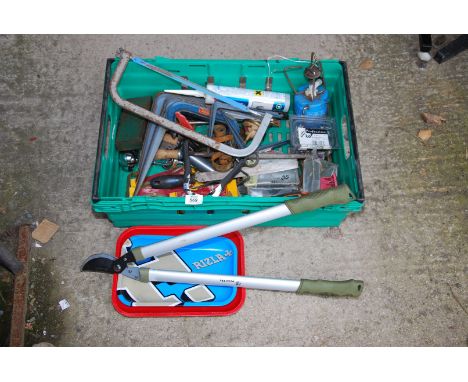 A camping stove, shelf bracket, trays, loppers and G-clamp, etc.