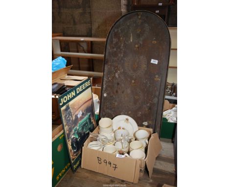 A 'John Deere' plaque, commemorative china and a bagatelle board.