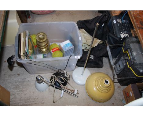 A holdall, lights, books, wool, enamel light shade etc.