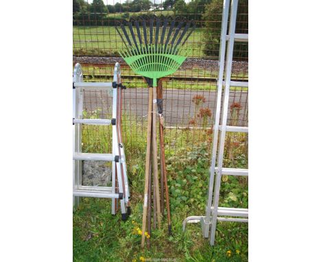 Garden tools and grass rakes.