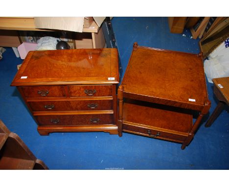 A small square Burr Walnut table with lower shelf and drawer - 21" x 22" high and a similar two short over two long chest of 