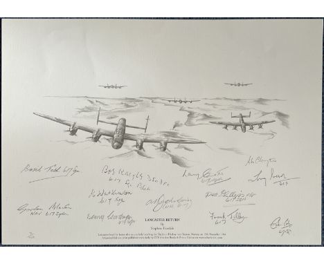 WW2 Black and White Print Lancaster Return by Stephen Teasdale Multi Signed by Basil Fish, Benny Goodman, Bob Knights, Harry 