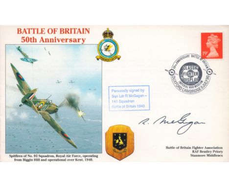 WW2 RAF Sqn Ldr R McGagan BOB Pilot Signed Battle of Britain 50th Anniversary FDC. 75 of 85 Covers Issued. British 19p QE Sta