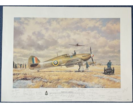 WW2 Multi Signed John Young Colour Print Titled Winters Day at Coltishall. Signed in Pencil by Bob Foster, Cyril Bamberger, W