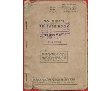 Original WW2 Charles Mallia Soldiers Release Book. Army No T/6014080. Interesting Content. Showing signs of age. Good conditi