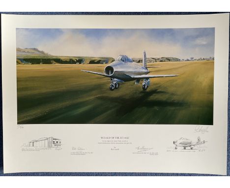WW2 Colour Print Herald Of The Jet Age by Roy Layzell Multi Signed by Bob Feilden, Eric Winkle Brown limited edition no 89 / 