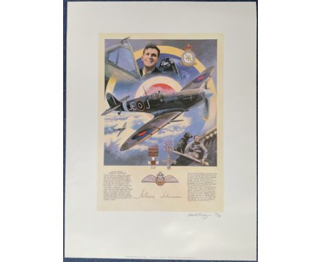 WW2 Colour Print Fighter Legends by Nicolas Trudgian Signed by AVM Johnnie Johnson limited edition no 563 / 1500 also Signed 