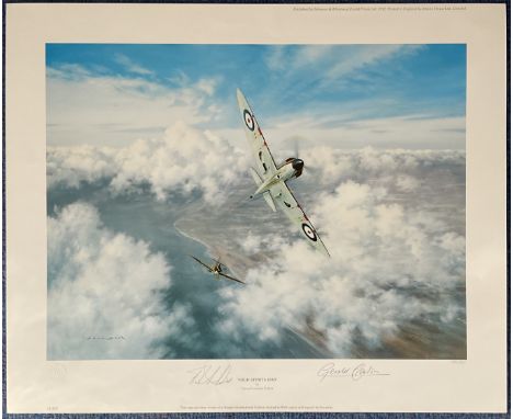 WW2 Wg Cdr Bob Doe and Artist Gerald Coulson Signed Colour Print Titled High Spirits 1940 by Gerald Coulson. Signed in Pencil