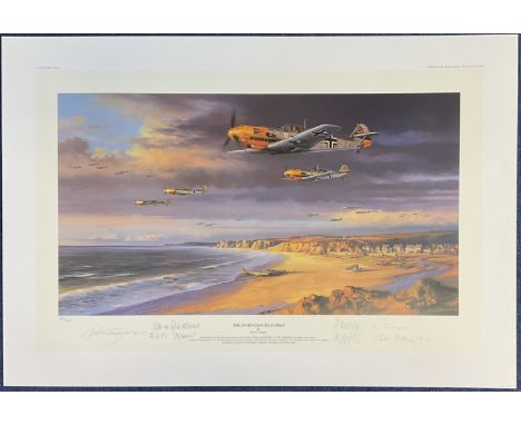 WW2 6 Signed Nicolas Trudgian colour Print Titled The Storm Clouds Gather. 299 of 400. Signed by OBERLEUTNANT GUNTHER SEEGER,