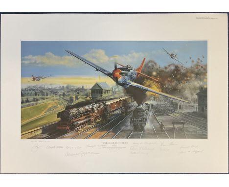 Tuskegee Junction Colour 34x24 inch Print by Robert Bailey Signed by 12 P 51 Mustang Pilots. Signatures in pencil include Lt.
