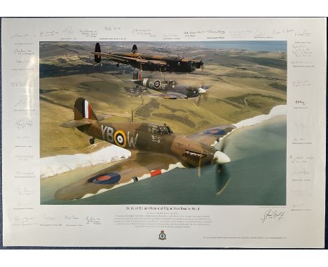WW2 32 Printed Signatures on Battle of Britain Memorial Flight Over Beachy Head Colour Print by Jim Dooley. Print Measures 36