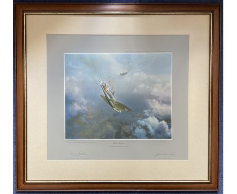 WW2 Colour Print Bader Bale Out by Frank Wootton Signed by Douglas Bader, limited edition no 613 / 850 in presentation Frame 