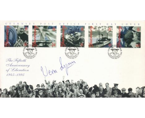 WW2 Sweetheart Dame Vera Lynn Signed 50th Anniv of Liberation FDC. 5 Guernsey Stamps with Three 9 May 1995 Guernsey Post Offi