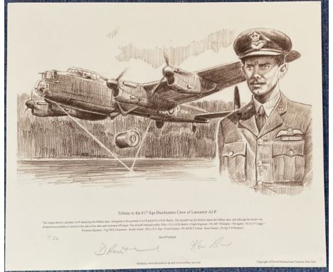 WW2 Corporal Ken Lucas Signed David Pentland 7/30 Black and White Print Tribute to 617 Squadron Dambusters Crew of Lancaster 