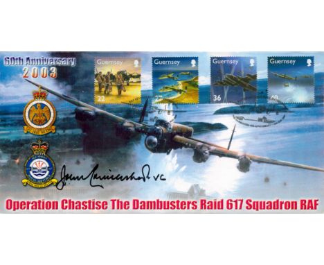 WW2 RAF John Cruickshank VC Signed Operation Chastise the Dambusters Raid FDC. Four Guernsey Stamps with 16 May 2003 Guernsey