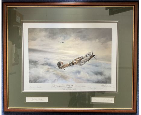 WW2 Colour Print First of Many by Robert Taylor Multi Signed by Douglas Bader, Johnnie Johnson, Bob Stanford Tuck, Peter Town