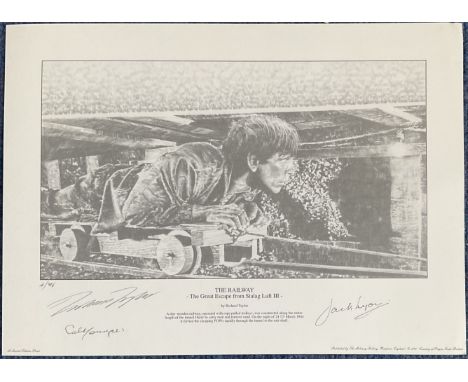 WW2 Jack Lyon, Cal Younger and Robert Taylor Signed the Railway Stalag Luft III 12x8 inch Black and White Print. 4/76. All Si