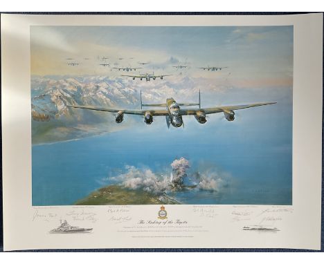 WW2 Colour Print The Sinking Of The Tirpitz by Frank Wootton Multi Signed by James Tait, Tony Iveson, Mark B Flatman, Basil F