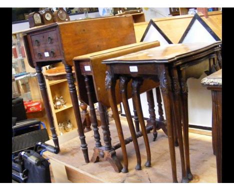 A mahogany drop leaf occasional table, an oak gate-leg occasional table and a nest of three occasional tables on cabriole sup