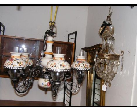 A crystal drop ceiling light together with a hand painted ceramic ceiling light